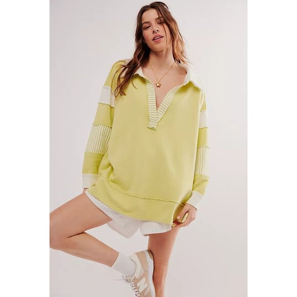 Free People We The Free Clean Prep Polo Pullover Top Oversized Striped L 271670 - Picture 1 of 8
